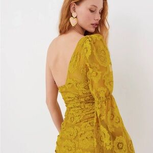 For Love And Lemons One-Shoulder Lace Dress in Mustard